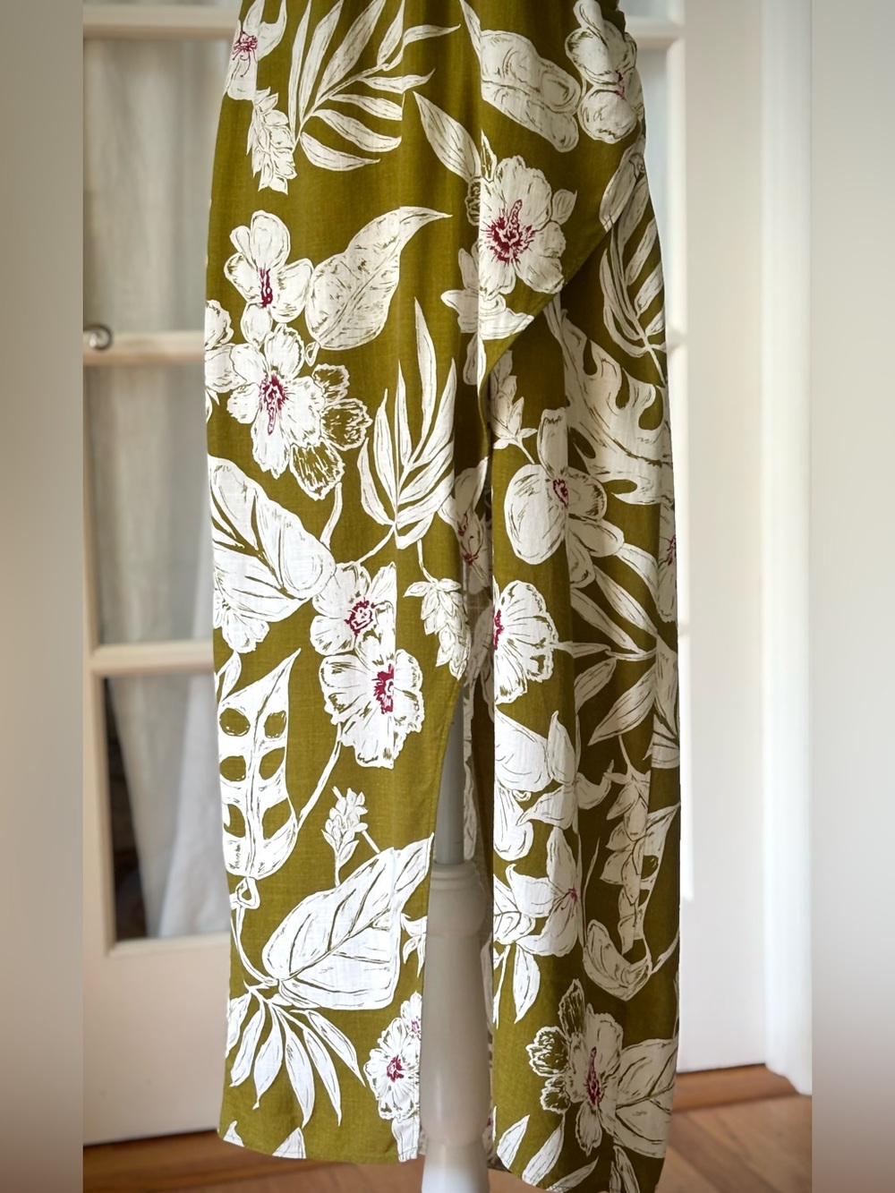 Zara Olive Floral Linen Blend Halter Twist Front Midi Dress L - Picture 4 of 12